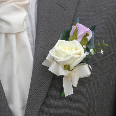 Grooms Lilac & Ivory Foam Rose Crystal Wedding Buttonhole