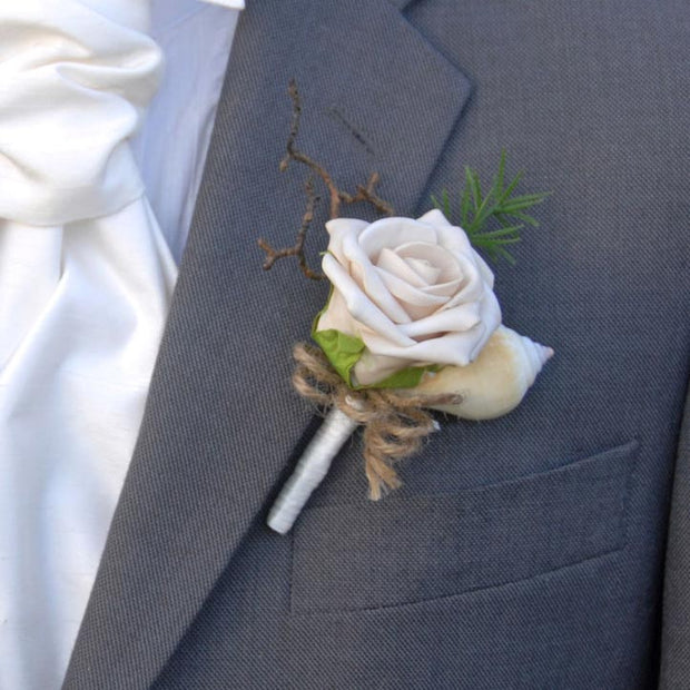 Grooms Champagne Mocha Rose, Seashell & Twig Wedding Buttonhole