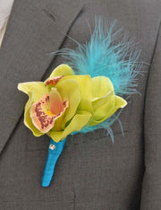Grooms Apple Green Silk Orchid & Turquoise Feather Buttonhole