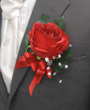 Grooms Large Red Silk Rose Buttonhole with Satin Bow and Crystals