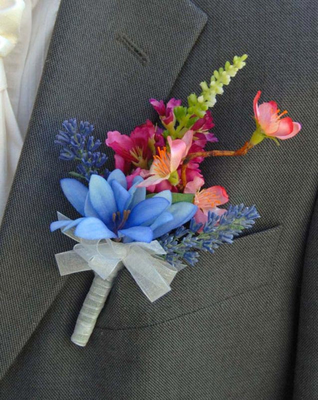 Grooms Silk Agapanthus, Pink Physostegia & Cherry Blossom Buttonhole