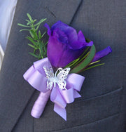 Grooms Purple Silk Lisianthus & Silver Butterfly Wedding Day Buttonhole