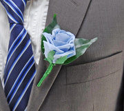 Light Blue Foam Rose & Ficus Wedding Guest Buttonhole