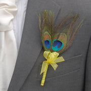 Grooms Peacock Feather Wedding Buttonhole with Lemon Organza Ribbon