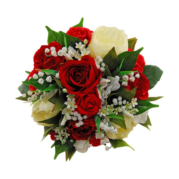 Bridal Bouquet Ivory Peony, Red Roses, Stepanotis & Lily of the