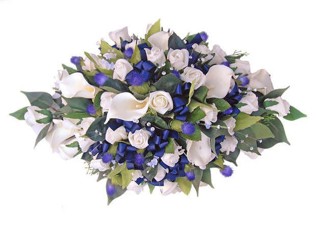 Blue Thistle, Ivory Calla Lily, Rose & Crystal Wedding Top Table Arrangement