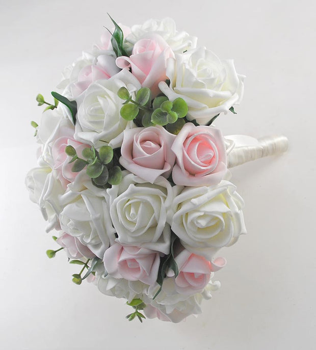 Brides Pink, Ivory Foam Rose & Eucalyptus Wedding Bouquet