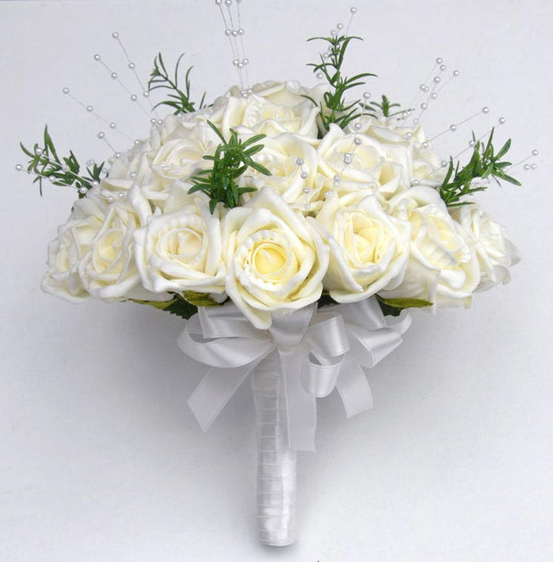 Brides Artificial Ivory Rose, Rosemary & Pearl Wedding Bouquet