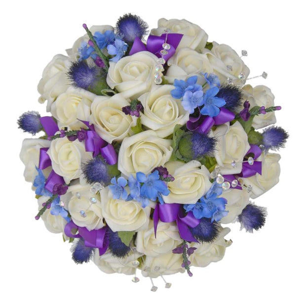 Wild Blue Flower, Thistle & Ivory Rose Bridal Wedding Bouquet
