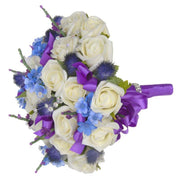 Wild Blue Flower, Thistle & Ivory Rose Bridal Wedding Bouquet
