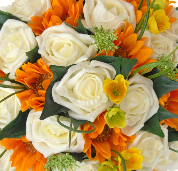Brides Golden Sunflowers, Buttercups & Ivory Rose Wedding Bouquet