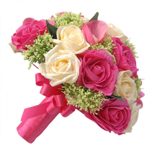 Brides Cerise Pink Rose, Silk Orchid & Cream Rose Wedding Bouquet