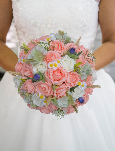 Brides Peach Rose, Thistle, Cattail & Daisy Wedding Bouquet