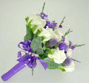 Brides Purple Thistle, Heather & Ivory Rose Wedding Bouquet