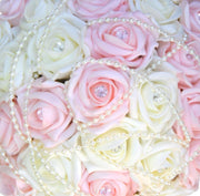 Brides Pink, Ivory Diamante Rose & Pearl Wedding Bouquet