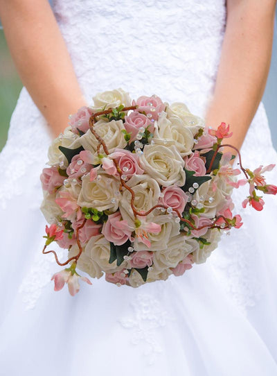 Brides Pink, Ivory Rose, Silk Cherry Blossom & Crystal Bouquet
