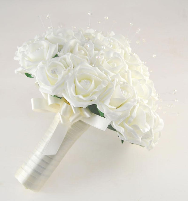 Brides Ivory Diamante Foam Rose & Crystal Wedding Bouquet