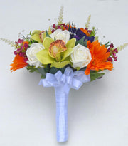 Brides Orange Gerbera, Purple Anemone & Green Orchid Wedding Bouquet