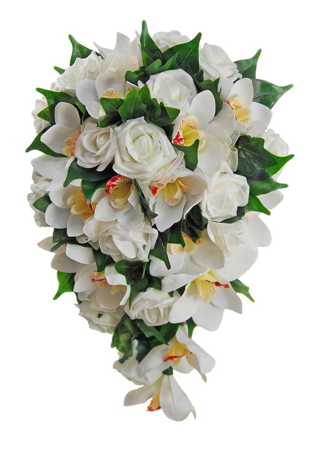 Brides Ivory Silk Orchid & Rose Wedding Shower Bouquet