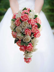 Brides Pink, Ivory Silk Roses, Gypsophila & Pearl Loop Wedding Shower Bouquet