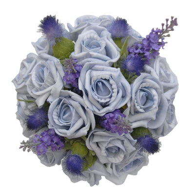 Bridesmaids Blue Foam Rose, Silk Lavender & Thistle Wedding Posy