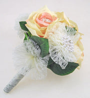 Bridesmaids Pink Silk Rose & Diamante Brooch Wedding Bouquet