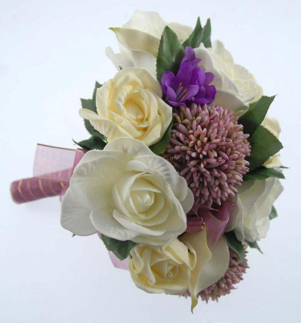 Bridesmaids Purple Freesia, Allium, Ivory Lily & Rose Wedding Bouquet