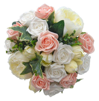 Bridesmaids Peach, White Rose, Ivory Tulip Peony Wedding Bouquet