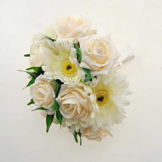 Bridesmaids Cream Diamante Rose & Ivory Silk Gerbera Wedding Bouquet
