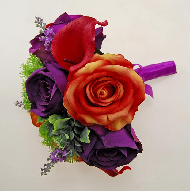 Bridesmaids Raspberry Lily, Purple & Orange Rose Lavender Wedding Bouquet