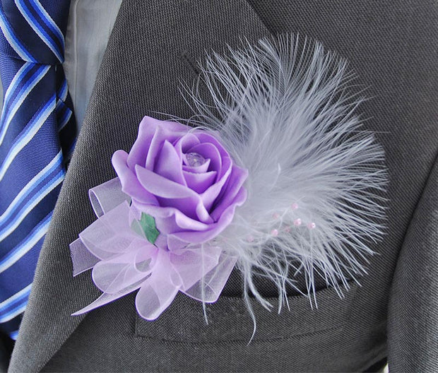 Lilac Rose, Pearl & White Feather Wedding Guest Buttonhole