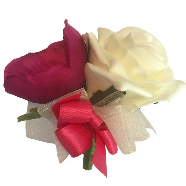 Grooms Cerise Pink Silk Anemone & Ivory Rose Wedding Buttonhole