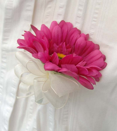 Cerise Pink Silk Gerbera & Ivory Organza Bow Wedding Buttonhole