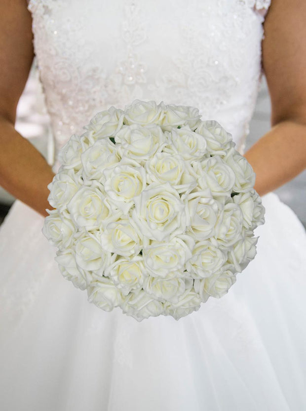 Classic Ivory Foam Rose Hand Tied Bridal Wedding Bouquet