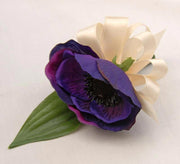 Purple Silk Anemone & Ivory Satin Bow Wedding Guest Buttonhole