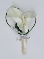 Double Ivory Calla Lily Grooms Buttonhole with Crystal Branch Spray