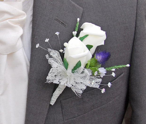Double Ivory Rose, Thistle, Heather & Crystal Grooms Lace Buttonhole