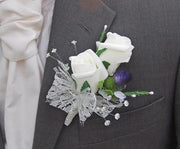 Double Ivory Rose, Thistle, Heather & Crystal Grooms Lace Buttonhole