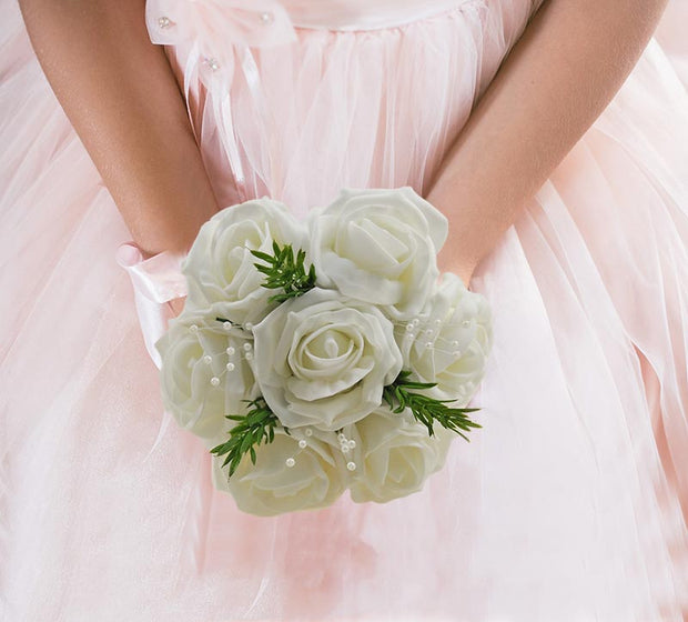 Brides Artificial Ivory Rose, Rosemary & Pearl Wedding Bouquet