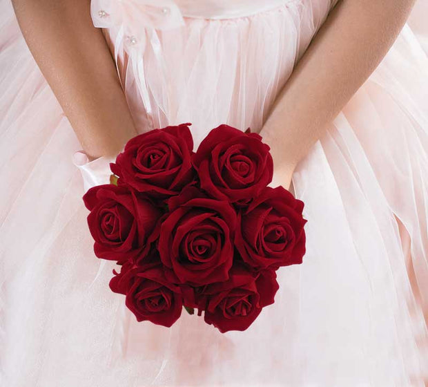 Brides Artificial Red Velvet Rose & Red Ribbon Wedding Posy Bouquet