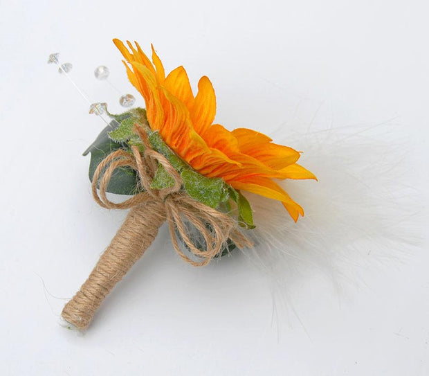 Grooms Golden Sunflower, Crystal & Feather Twine Stem Wedding Buttonhole