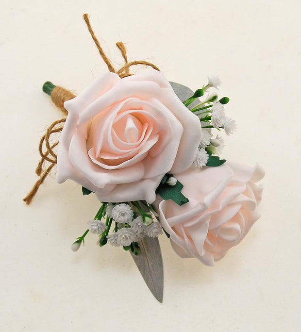 Grooms Double Light Pink Rose & Ivory Gypsophila Wedding Buttonhole
