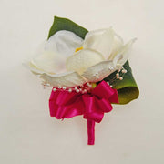Grooms Large Ivory Magnolia, Pearl Loop & Cerise Ribbon Wedding Buttonhole