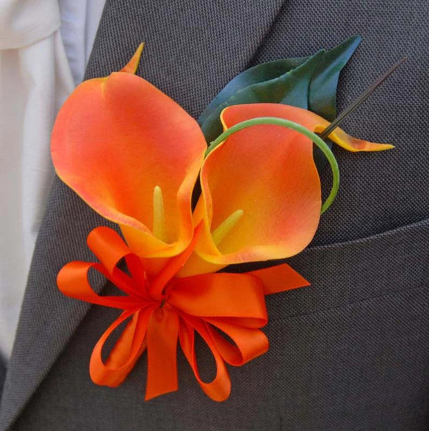 Grooms Double Orange Calla Lily & Satin Ribbon Bow Buttonhole