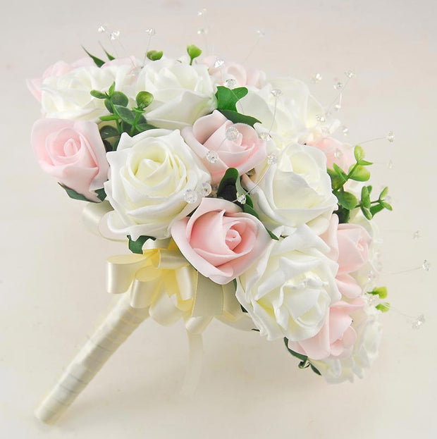 Brides Ivory & Pink Foam Rose & Crystal Wedding Bouquet