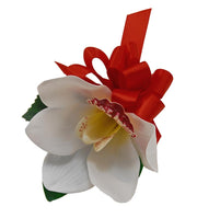 Ivory Silk Orchid & Red Ribbon Bow Pin Wedding Corsage