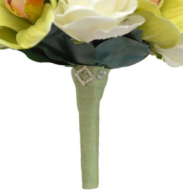 Bridesmaids Apple Green Silk Orchid & Ivory Rose Wedding Bouquet