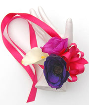 Pink, Purple Silk Anemone & Ivory Calla Lily Wrist Corsage