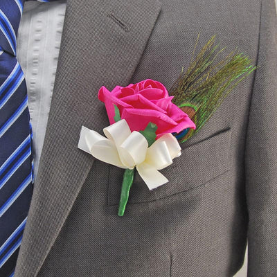 Cerise Pink Rose & Peacock Feather Wedding Guest Buttonhole