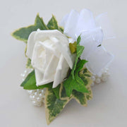 White Foam Rose & Green Ivy Pearl Band Wrist Corsage
